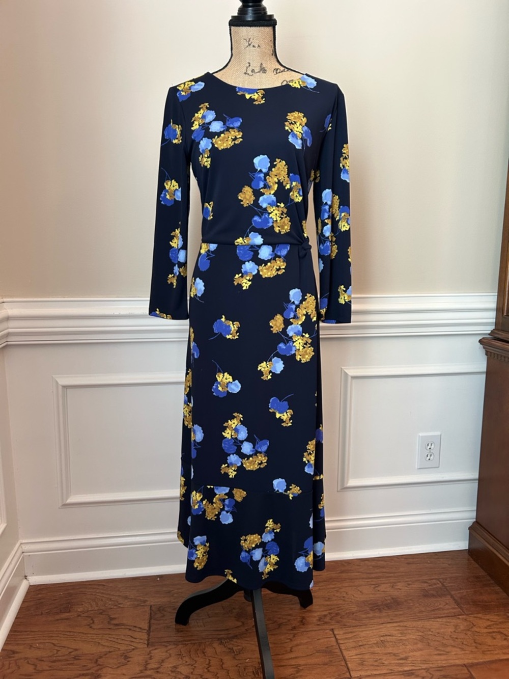Navy Floral Long Sleeve Wrap-Style Midi Dress